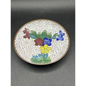 Vintage White Cloisonne Jewelry/Trinket Dish w/ Blue, Red, Yellow Flowers - 3.5"
